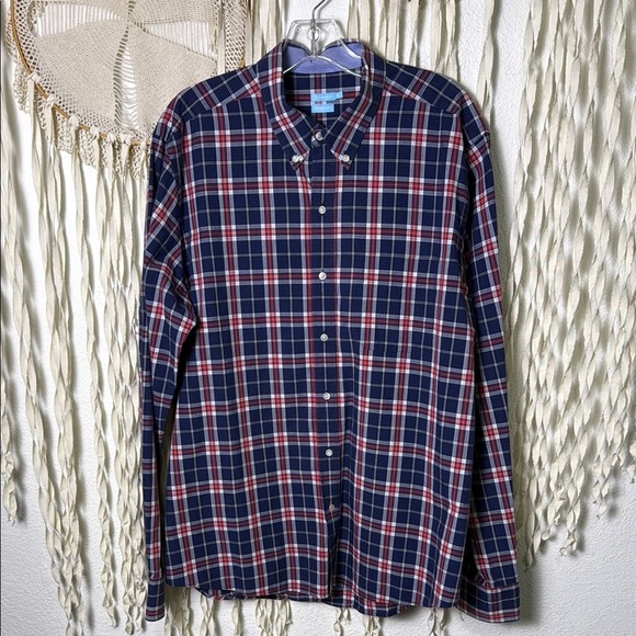 J. McLaughlin Men's Navy and Red Plaid Long Sleeve Button Down Shirt Modern Fit - Picture 1 of 10